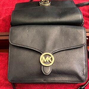 Michael Kors Black Pebbled Leather Crossbody with Gold MK Emblem